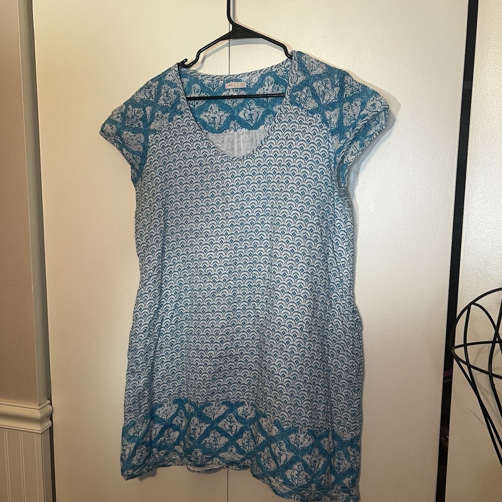 Lola Australia Dress Women's Large/XL Blue White 100% Cotton Short Sleeve Lined